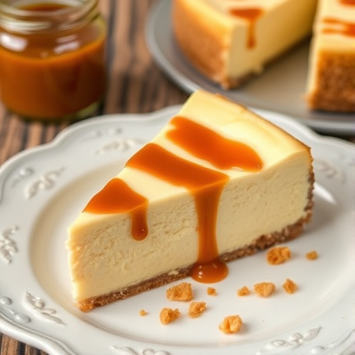 A slice of creamy cheesecake with a caramel drizzle on top served on a decorative white plate with crushed toffee bits sprinkled on it, accompanied by a jar of caramel sauce in the background, all set against a rustic wooden table.
