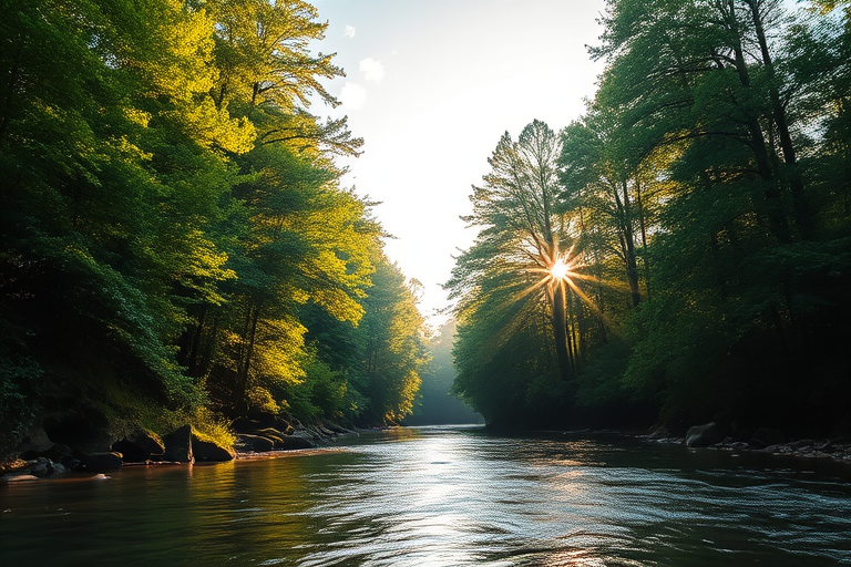 Create an image of a serene, sunlit forest scene with a clear, gently flowing river. Tall trees with lush green foliage line both sides of the river, their leaves bathed in the warm golden light of the setting or rising sun. The sunlight filters through the trees, casting soft, dappled light on the river, which flows over smooth rocks and pebbles, creating a peaceful, natural atmosphere. The sky is bright with a few scattered clouds, and the overall mood is tranquil, evoking a deep sense of connection with nature. The image captures the beauty of a calm, pristine forest landscape at either dawn or dusk.