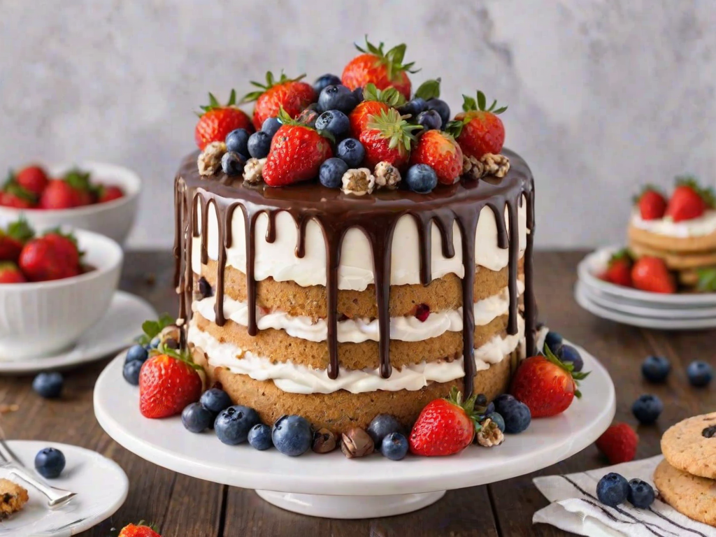 Create an image of a round cake with a smooth white frosting. The top is decorated with fresh strawberries, blueberries, and cookie pieces. There is a rich chocolate drip effect cascading down the sides of the cake. The cake is placed on a simple white cake board, with a blurred background suggesting a dessert setting.