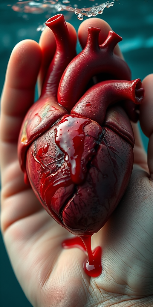 A hyper-realistic image of a human heart held in a hand, blood dripping, underwater background, soft focus, 50mm lens, f/1.8 aperture, ISO 100, natural lighting, high dynamic range.
