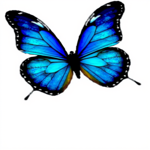 Create an image of a butterfly with vibrant blue wings and black edges. The butterfly should be depicted with its wings spread wide, showcasing the intricate patterns and colors. The background should be plain to emphasize the beauty of the butterfly.