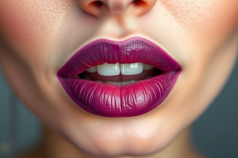 Gradient effect blends from deep plum to soft lilac across perfectly shaped lips, creating an eye-catching ombre look that enhances their natural contours