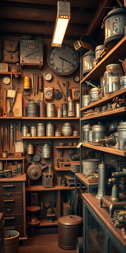 Generate an image of a vintage shop interior with shelves filled with old tools and gadgets, using a DSLR camera with a 35mm lens, f/2.8 aperture, ISO 200, 1/60 shutter speed, taken from a slight angle to emphasize depth and texture, with warm lighting to highlight the nostalgic atmosphere.