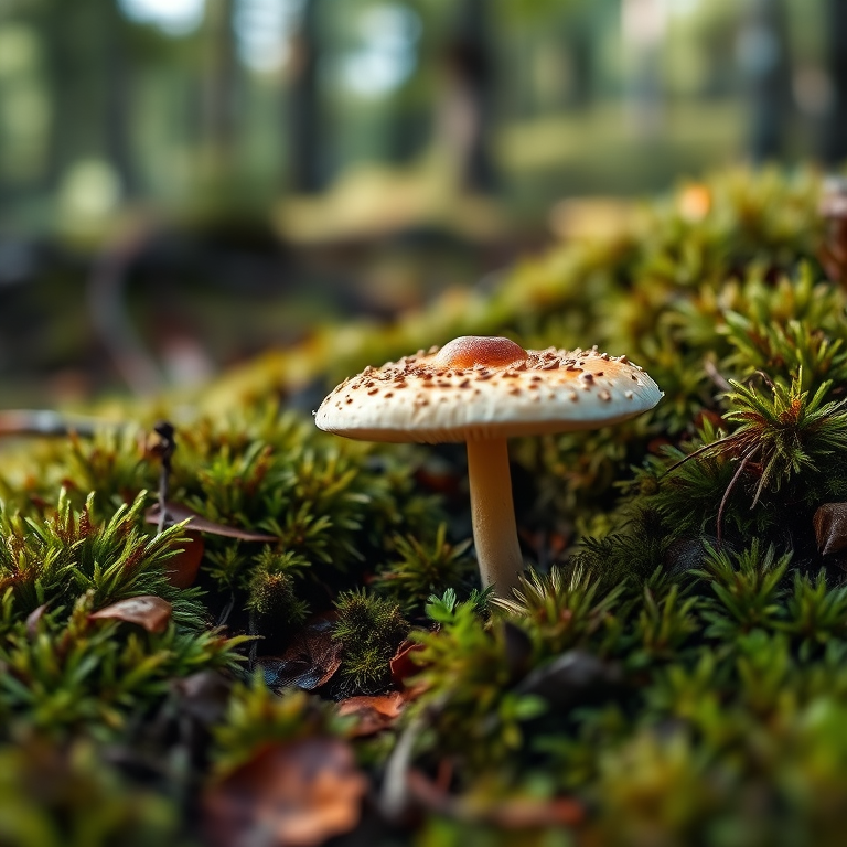 mushroom growing on mossy ground in a forest, shallow depth of field, ISO 200, f/2.8, 1/250s, 50mm lens, soft natural lighting, macro photography, DSLR camera, vibrant colors and sharp details