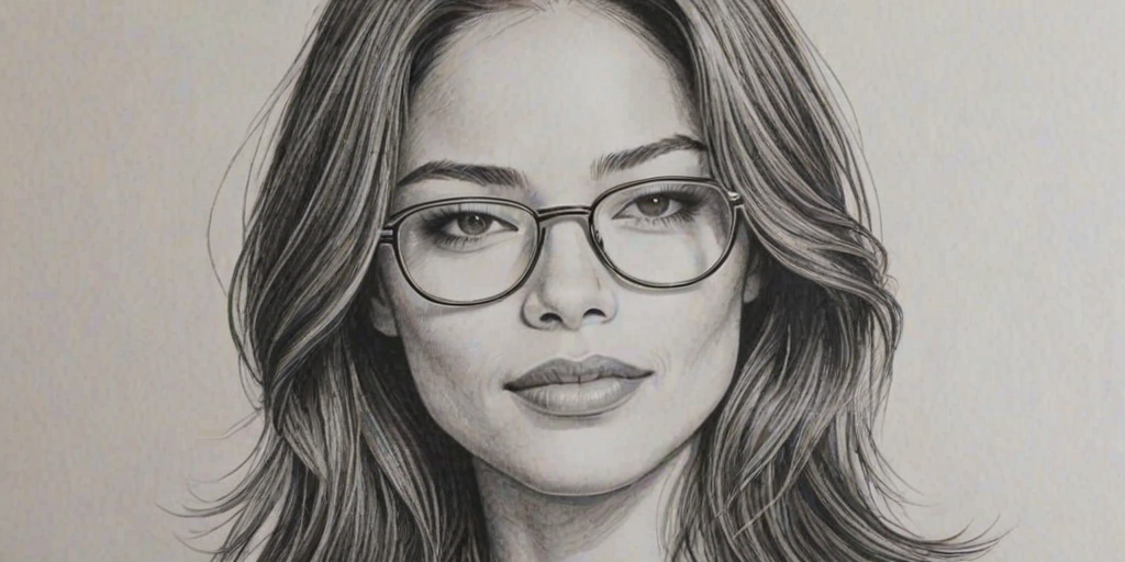 Stunning Kristin Kreuk, pencil sketch, portrait of Enticing woman 1980s in glasses, hair style beatnik, outline, clear lines, fine lines, 8k