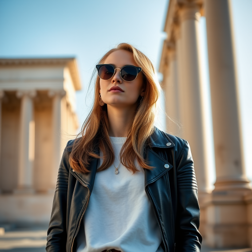 Create a stylish portrait of a woman wearing a black leather jacket and sunglasses standing by classical columns in soft afternoon light, using a Canon EOS R5 with a 85mm lens, aperture f/1.8, shutter speed 1/200 sec, ISO 100, natural lighting for enhanced details and vivid colors.