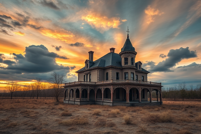 generate a high-resolution image of an abandoned Victorian mansion in a desolate landscape at sunset with dramatic clouds, using a DSLR camera with a 50mm lens, aperture f/8, shutter speed 1/125, ISO 100, with a wide-angle view and HDR style for enhanced detail and color contrast.