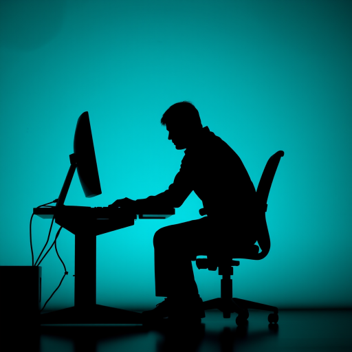 Create a detailed silhouette of a person sitting at a desk with a computer, set against a textured turquoise background, using a DSLR camera with a focal length of 50mm, aperture of f/1.8, ISO 200, and a low angle view to enhance depth and contrast.