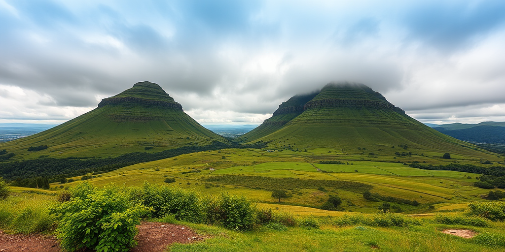 capture a dramatic landscape of two prominent hills with lush greenery under a cloudy sky, using a DSLR camera with a 24mm lens, aperture f/8, ISO 200, focus on depth of field, shot from a low angle to emphasize the height of the hills and a wide view to include surrounding terrain