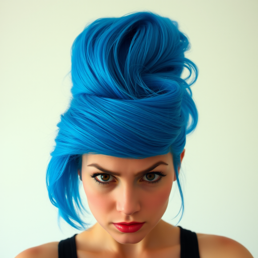Image of a woman with their hair styled upright,  in a cylinder shape. The hair  color is neon blue and appears to be held in place by a hair product, giving it a fluffy texture. The background is nondescript, and the person's face is looking at the viewer nervously.