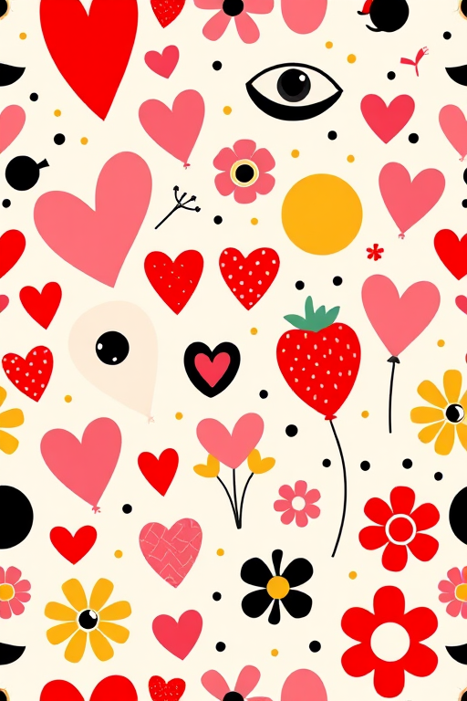Generate a seamless pattern design featuring abstract shapes such as hearts, eyes, strawberries, balloons, and flowers in a whimsical style; use a vibrant color palette with reds, pinks, yellows, and blacks; shot with a macro lens on a DSLR camera at f/2.8 for a sharp focus on details and soft background blur, in natural light for enhanced colors and texture.