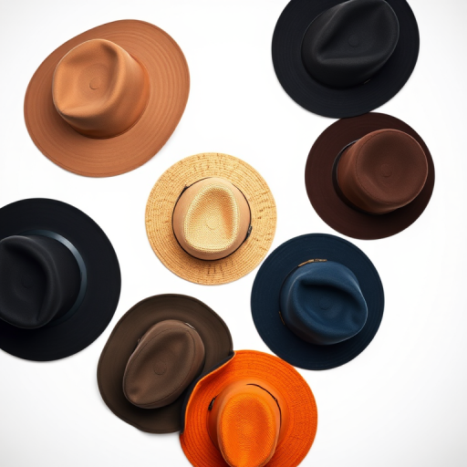 Generate an image of six distinct hats arranged artistically on a white background, using a DSLR camera with a 50mm lens at f/2.8, ISO 100, shot from a top-down view in a studio lighting setup to enhance details and colors.