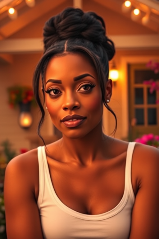 A photo of Taraji P. Henson with a background of a cozy porch. She has dark hair pulled back in an updo, with tendrils framing her face. She wears a white tank top and sits on the porch. The porch is part of a well-lit home with a warm, earthy tone and colorful flowers and foliage. The overall scene has a warm, welcoming, and comfortable ambiance.