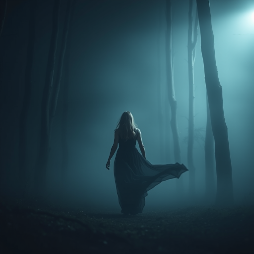 Capture a mysterious woman in a flowing black dress walking through a foggy forest at night, soft lighting with ethereal highlights, use a DSLR camera with a 50mm lens, aperture set to f/1.8 for a shallow depth of field, ISO 200, shutter speed 1/60 sec, low angle view to emphasize the figure against the fog.