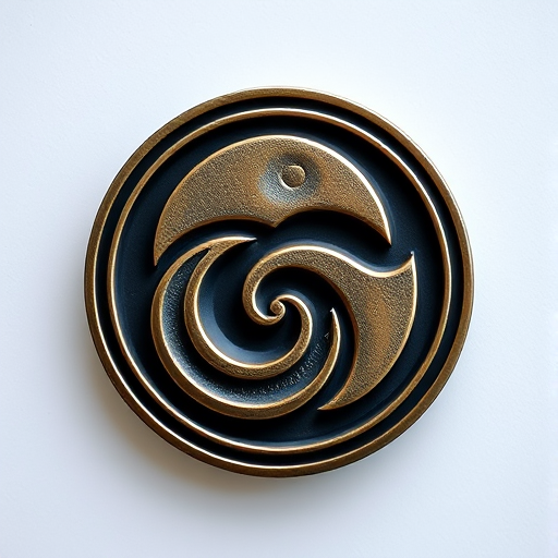 Generate a high-resolution image of a circular emblem featuring three spirals arranged symmetrically, using a DSLR camera with a 50mm lens, aperture set to f/1.8, ISO 100, and a soft focus background to enhance clarity and contrast.