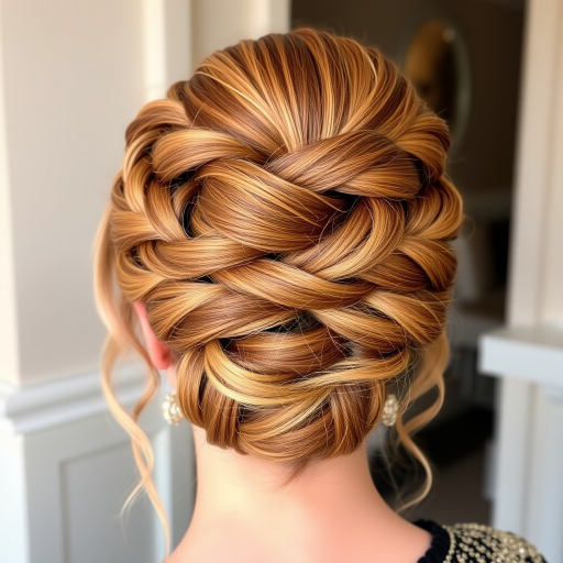 Regal hair style displaying a braided crown updo incorporating multiple shades of warm caramel and toffee blonde highlights