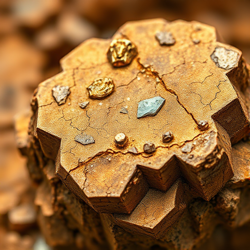 Create a high-resolution digital illustration of a textured, multi-faceted mineral rock, emphasizing its golden and brown hues with intricate details, using a DSLR camera with a 50mm lens, f/8 aperture, ISO 100, and a shallow depth of field to enhance clarity and focus on the rock's surface.