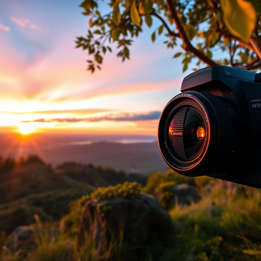 Create a high-resolution image of a natural landscape at sunrise with vibrant colors, using a DSLR camera with a 50mm lens, aperture set to f/2.8, ISO 200, and a shutter speed of 1/250 sec, capturing a wide-angle view for depth and clarity.