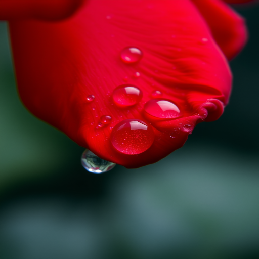 macro shot of a red rose petal with water droplets sparkling in soft focus background, f/2.8 aperture, 1/200s shutter speed, ISO 100, Canon EOS R5, 100mm macro lens, natural light.