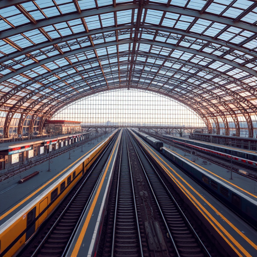 regenerate the image of a modern train station with a glass roof, showcasing tracks and platforms, captured from a high angle, using a DSLR camera with a 24mm lens, aperture f/8, ISO 200, and a shutter speed of 1/60 seconds, in early evening light for enhanced clarity and depth.