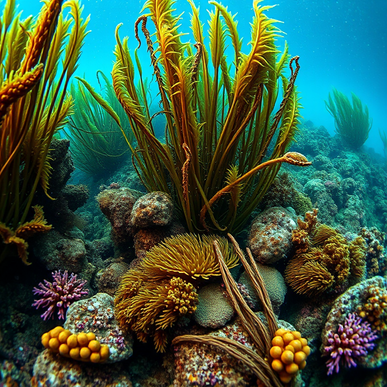 Create an underwater scene with varied seaweed and coral structures, focus on vibrant greens and browns, shot with a DSLR camera at f/8, 1/250s, ISO 100, wide-angle lens, capturing a deep-sea perspective with soft lighting and high resolution.