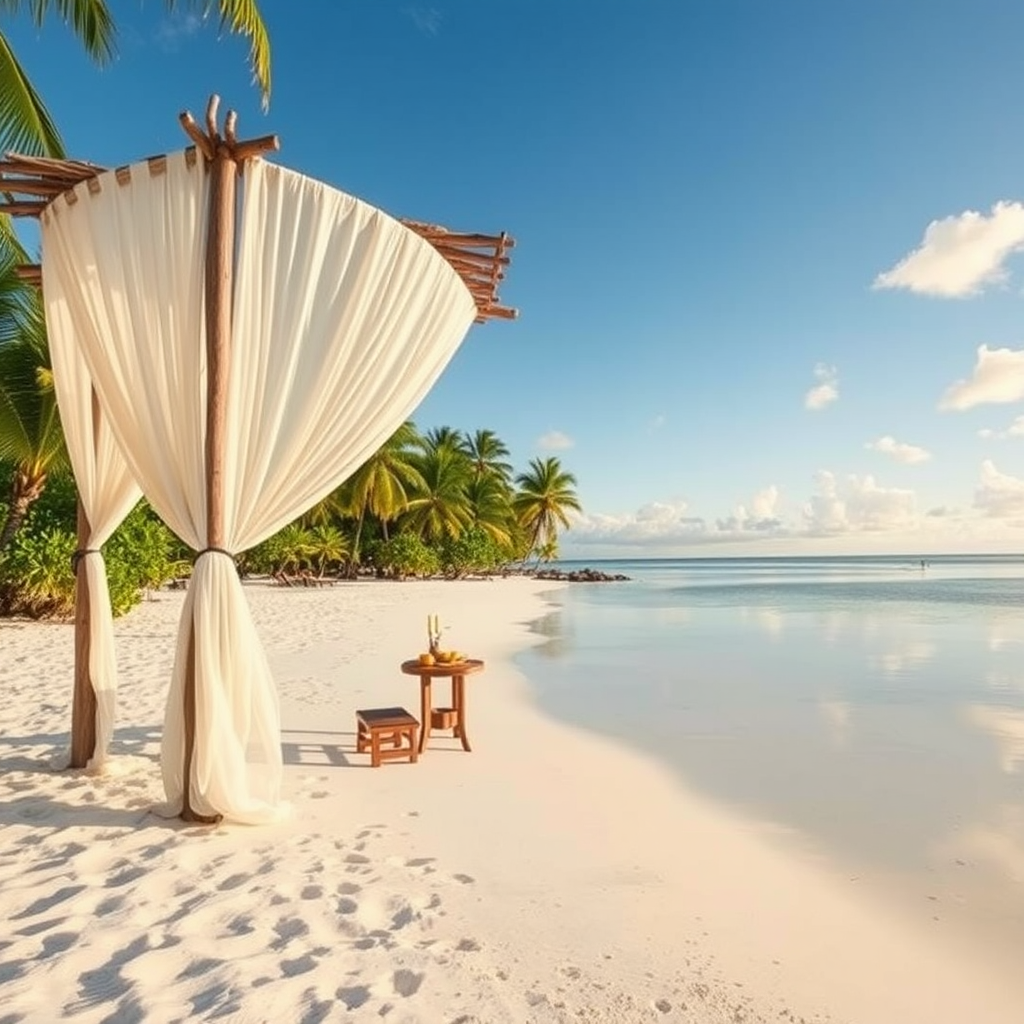 Create a picturesque tropical beach scene featuring a serene, white sandy shore. In the foreground, there's a rustic wooden canopy with white drapes gently flowing in the breeze. Underneath the canopy, a table is set with tropical decor, evoking a sense of relaxation and leisure. The beach extends into a calm, shallow water area with reflections of the sky and surroundings. Palm trees and lush greenery line the edge of the beach, providing a natural, tropical backdrop. The sky is clear with a few scattered clouds, and the overall atmosphere is tranquil and inviting, perfect for a peaceful retreat.