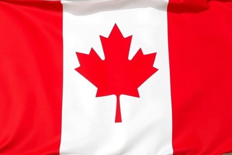 Create a high-resolution image of the Canadian flag with vibrant colors, using a DSLR camera, 50mm lens, aperture f/8, ISO 100, natural light, shot from a straight-on view to emphasize the symmetry and details of the flag.