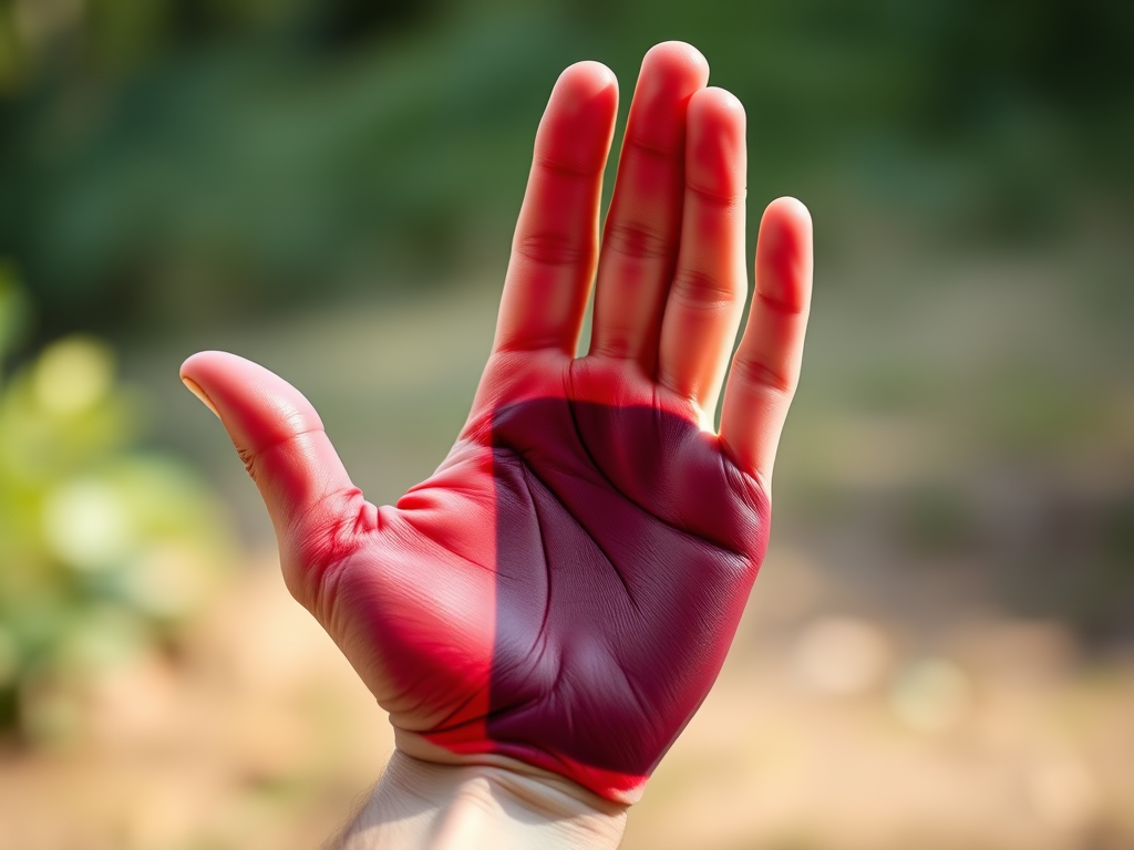 Regenerate the image of a hand painted in the colors of the Polish flag with a high-resolution camera at 50mm focal length, ISO 100, f/2.8 aperture, natural lighting, and a soft focus background for enhanced quality.