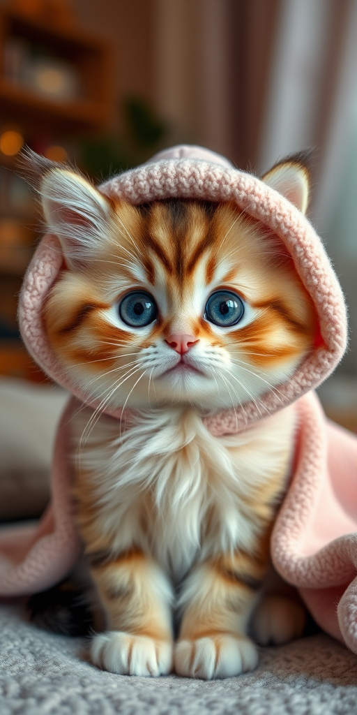 Cute fluffy cat with large expressive eyes wearing a cozy hooded blanket in soft pastel colors sitting indoors with a warm and inviting ambiance