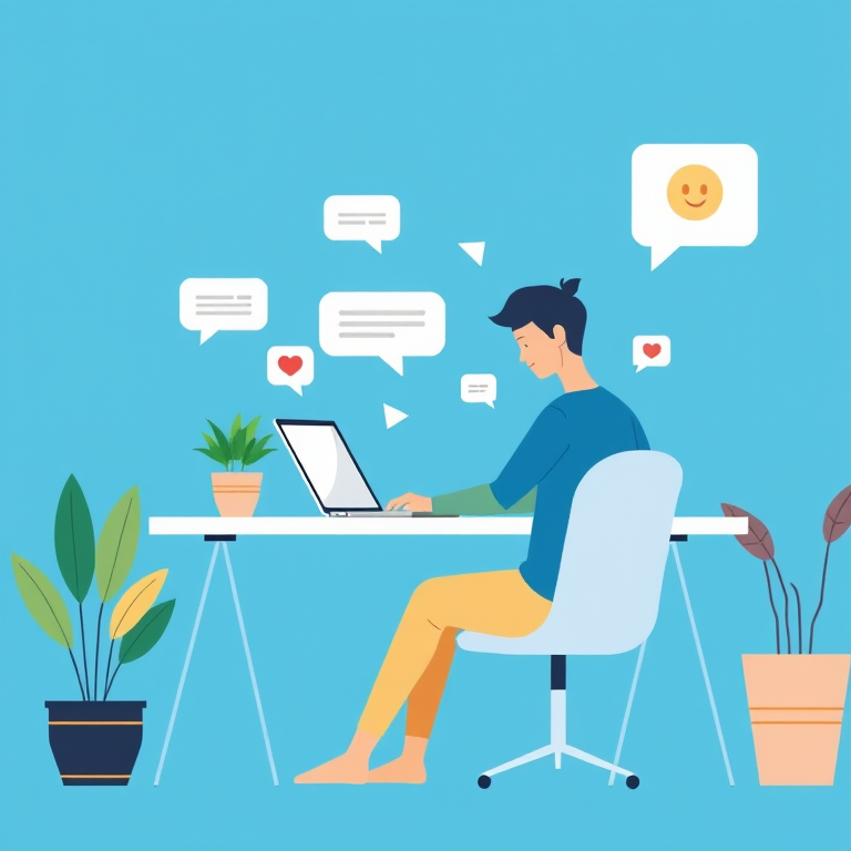 Create an illustration of a person sitting at a desk working on a laptop in a minimalist style, vibrant blue background, incorporating chat bubbles and social media icons, surrounded by indoor plants, use a digital painting technique, with a focus on clean lines and a modern aesthetic.
