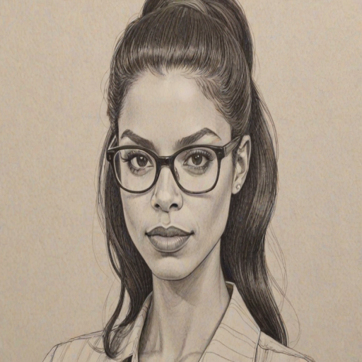 Fascinating Susan Kelechi Watson, pencil sketch, portrait of Bewitching woman 1977s in glasses, hair style beatnik, outline, clear lines, fine lines, 8k