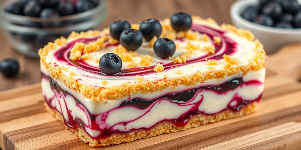 A delicious layered dessert featuring creamy white filling with swirls of purple berry sauce topped with golden crumbly crust and fresh blueberries garnishing the top served on a wooden cutting board with a bowl of blueberries in the background.