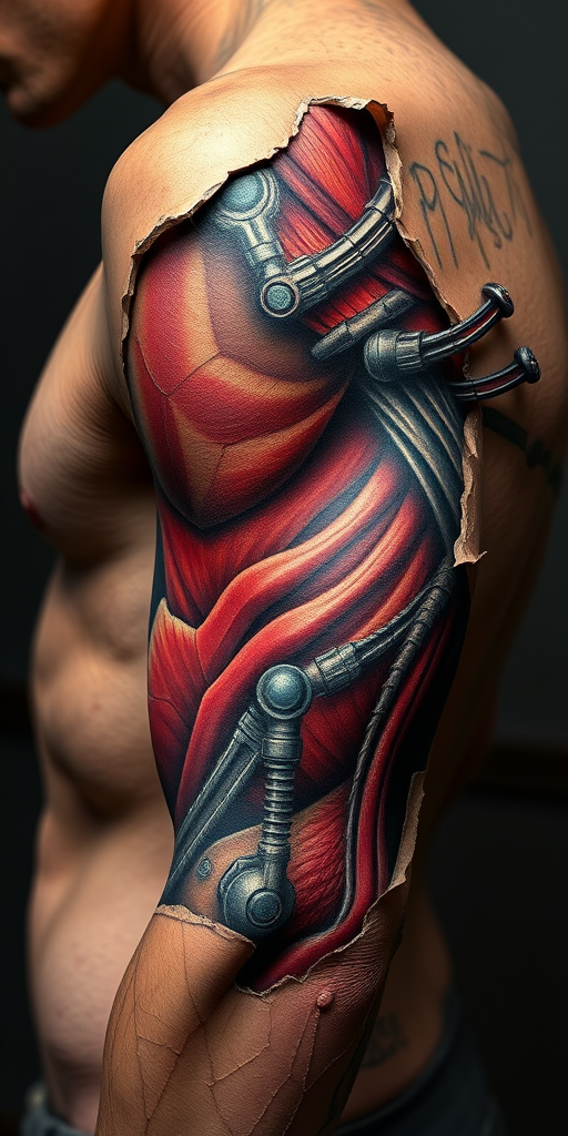 Realistic 3D tattoo titled "Skin Deep" creating the illusion of torn or peeled skin revealing hyper-realistic anatomical structures muscles or mechanical parts underneath
