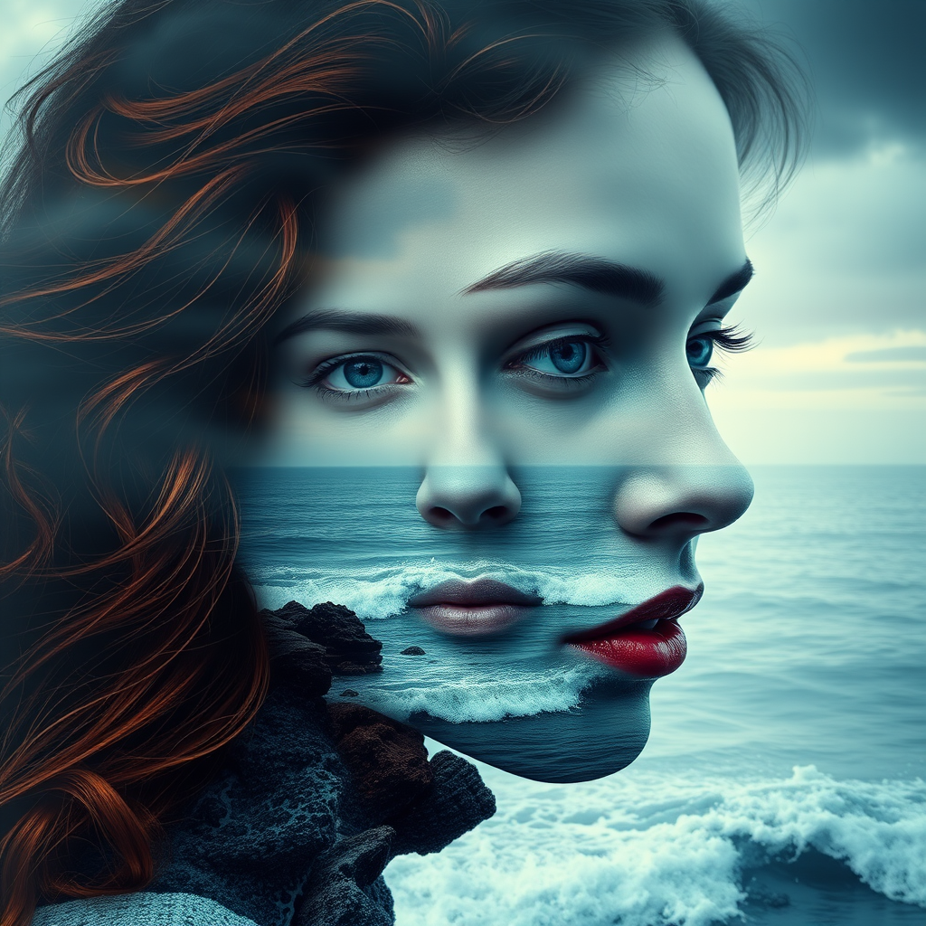 this picture is Book cover, A surreal double exposure portrait that blends a woman's face with a beautiful seascape. The overall mood is dreamy and mystical, with rich colors and intricate details