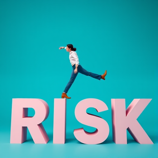 Create an image of a person balancing on the letters "RISK" with a solid turquoise background, use a DSLR camera with a 50mm lens, aperture f/1.8, ISO 100, shutter speed 1/250s, in a front view perspective, with vibrant colors and sharp details.