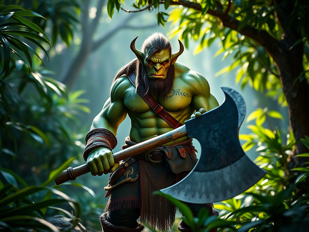 Create an image of a muscular green-skinned orc standing in a lush jungle, wielding a large axe, with dramatic lighting and high detail, captured with a DSLR camera, 85mm lens, f/1.8 aperture, ISO 100, and in portrait mode for enhanced depth of field and image quality.