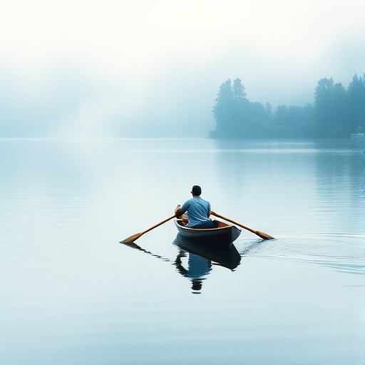 Create a watercolor style image of a person rowing a boat on a calm lake, captured with a DSLR camera at 50mm, f/5.6 aperture, ISO 100, with soft lighting and a slight vignette effect for enhanced depth.