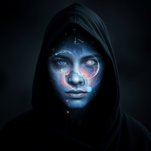 A mysterious hooded figure stands silently, the dark cloak flowing around them like shadows. Beneath the hood, their face is a mesmerizing cosmic scene where swirling galaxies, radiant stars, and vibrant planets form the features. Nebulas drift where eyes should be, glowing softly, while delicate streaks of cosmic energy trace the outlines of a nose and lips. Comets streak across the vastness of their face, and faint constellations pulse with life. The entire visage shifts and evolves as if the universe itself is contained within the figure, giving an ethereal, otherworldly presence to their form.