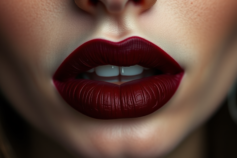 Deep burgundy lips with a matte velvet texture, rich and intense, perfect for creating a mysterious and alluring appearance