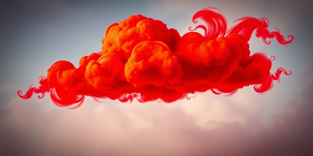 Create a vivid representation of a stylized red cloud with swirling patterns, using a DSLR camera, aperture f/4, shutter speed 1/250s, ISO 100, taken from a dynamic angle with a soft focus background to enhance the image quality.