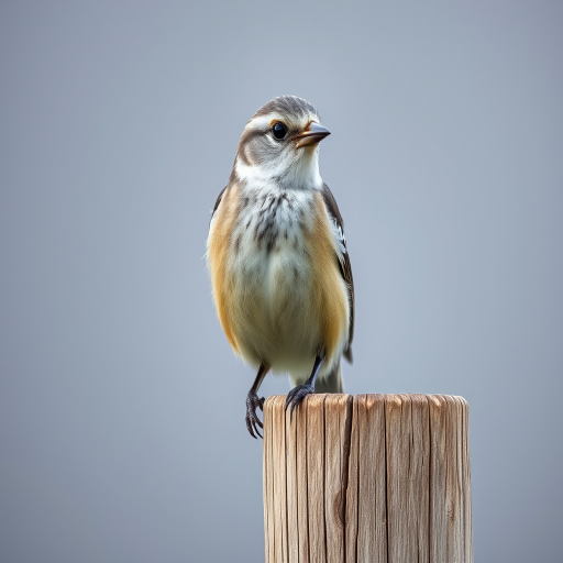 A close-up photograph of a bird perched on a wooden post, shot with a Canon EOS 5D Mark IV, 50mm lens, f/8, ISO 100, natural daylight, shallow depth of field, with a soft gray background to enhance contrast and focus on the bird's details.