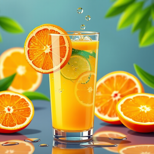 Create a vibrant illustration of a tall glass of orange juice with orange slices and drops of water, using a flat lay perspective, vibrant colors, highlight details with a macro lens, f/2.8 aperture for shallow depth of field, natural lighting for softness, and a modern digital art style.