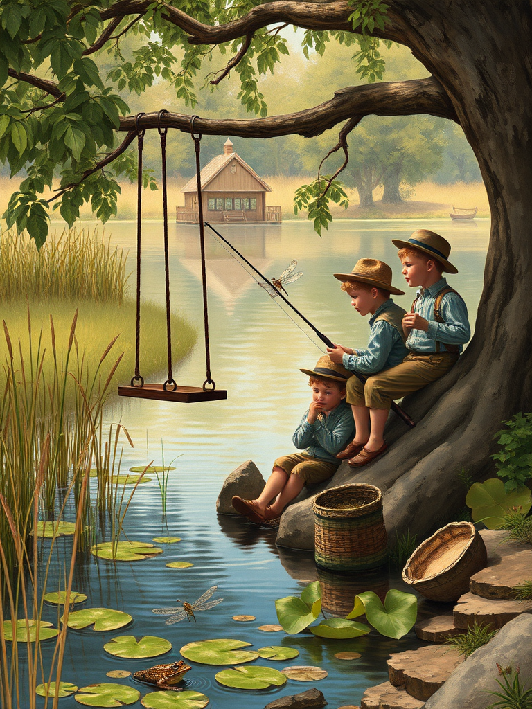 Imagine a small group of old fashioned young boys out fishing by the creek, a swing hanging from a tree branch, reeds and grasses by the water's edge, a frog sitting on a lily pad, dragonflies hovering over som water plans, a very iconic old fashioned scene reminiscent of a Norman Rockwell painting style