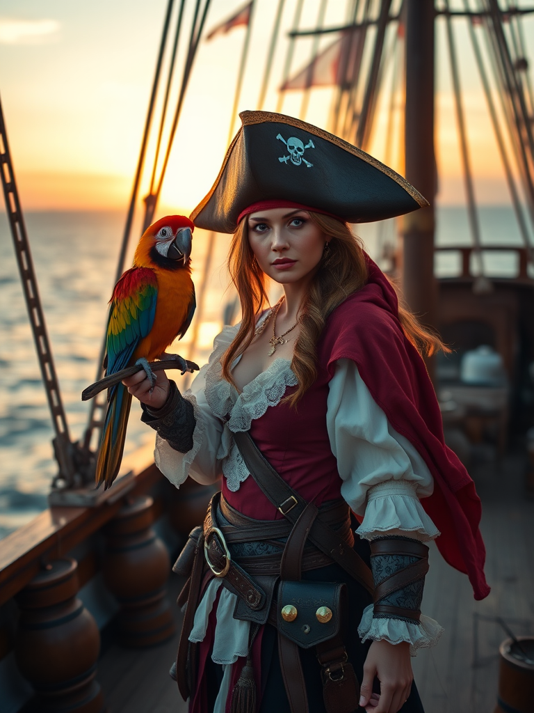 Create an image of a female pirate standing on the deck of a ship with a colorful parrot on her arm, in a realistic style, with a wide-angle lens at f/2.8, ISO 100, and a warm sunset lighting to enhance the vibrant colors and details in the scene.