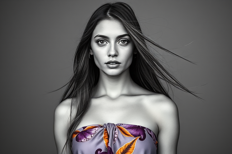 Photographic image of a beautiful young Guarani woman, white eyes, lips with cyan lipstick, long hair fluttering in the wind and wearing a silk strapless dress with a soft purple and orange print. monochrome image with only color highlights in the iris of the eyes, lipstick and dress. Gray background.