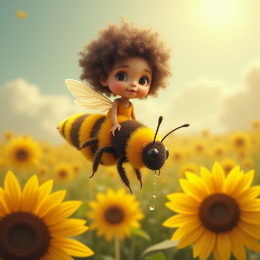 a whimsical cute girl with big eyes, big hair and flowing dress, riding astride a bumble bee, and flying across the top of the sunflower, which are just waking up, and catching dew drop of rain