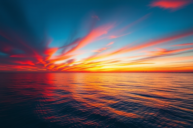 Create a detailed image of a majestic sunset over a calm sea, with vibrant colors reflecting on the water, captured using a DSLR camera at f/8, ISO 100, shutter speed 1/60s, wide-angle lens at 24mm, shot from a low angle to emphasize the horizon.