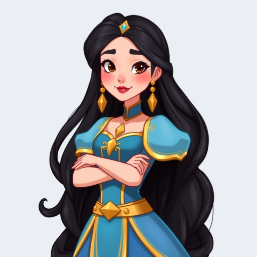 Create an illustration of an animated princess with long dark hair, wearing a detailed flowing blue outfit and gold accessories. She stands confidently, exuding charm and grace.