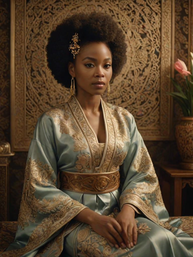 A beautiful Afro-Caribbean woman in traditional East Asian attire, intricately detailed with embroidered patterns, sitting gracefully in a richly decorated room, soft ambient lighting, serene and elegant, ultra-realistic, 8K resolution