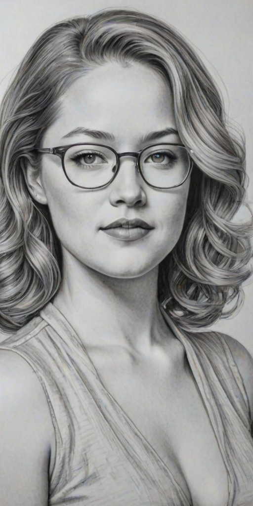 Comely Erika Christensen, pencil sketch, portrait of Comely woman 1945s in glasses, hair style beatnik, outline, clear lines, fine lines, 8k
